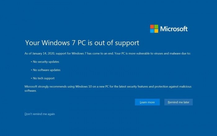 微软将全屏通知win7系统用户尽快升级